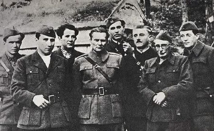 Tito's Team, from left to right: Ivo Lola Ribar, Aleksandar Ranković, Milovan Đilas, Josip Broz Tito, Sreten Žujović, Andrija Hebrang, Moša Pijade, and Edvard Kardelj.